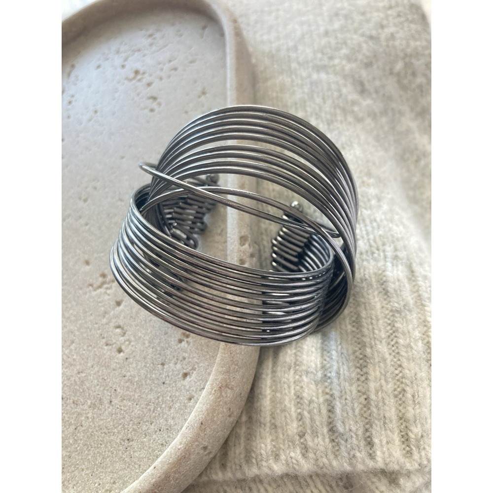 Modernist‎ Silver Tone Multi Wire Cuff Bracelet Open Coil Bangle Gunmetal Gray